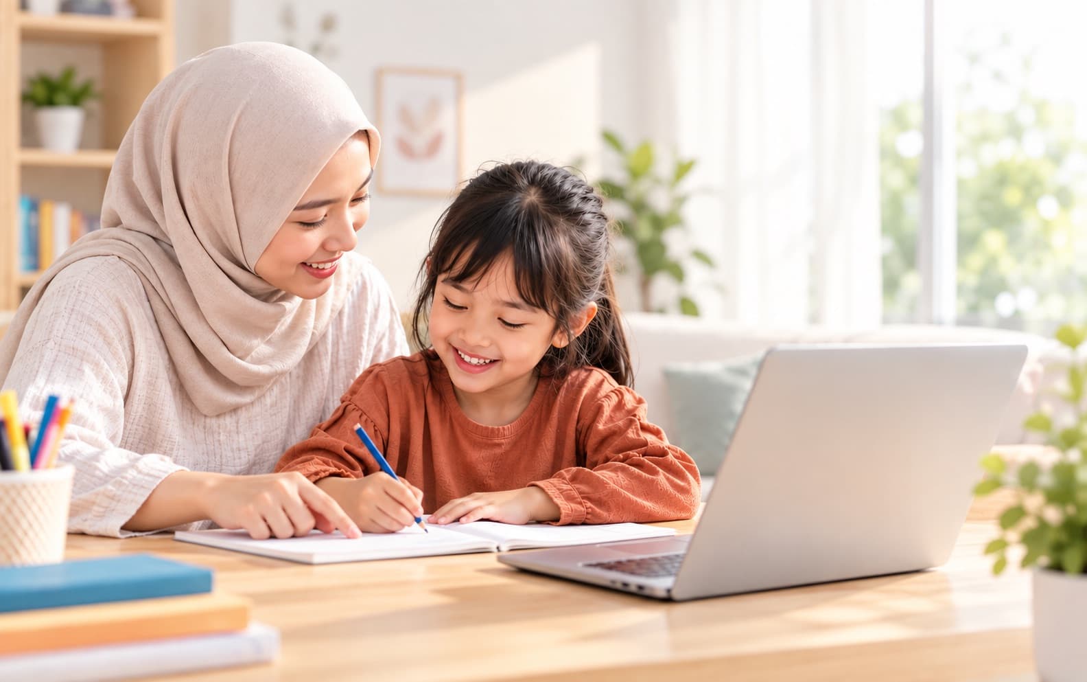Mentor mendampingi seorang anak mengerjakan soal di meja belajar rumah